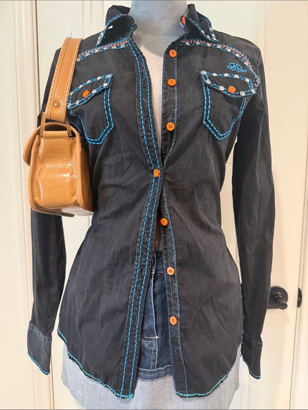 Roar Black Button-Down Shirt with Turquoise Stitching and Orange Buttons